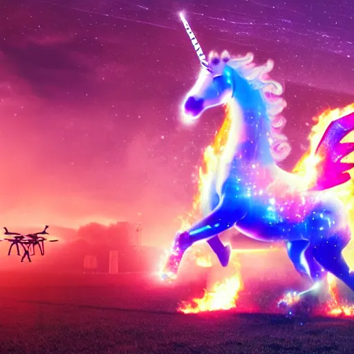 Image similar to a flaming, robotic unicorn, rearing up in front of an endless, digital space, surrounded by drones with cameras, synthwave, dslr photo