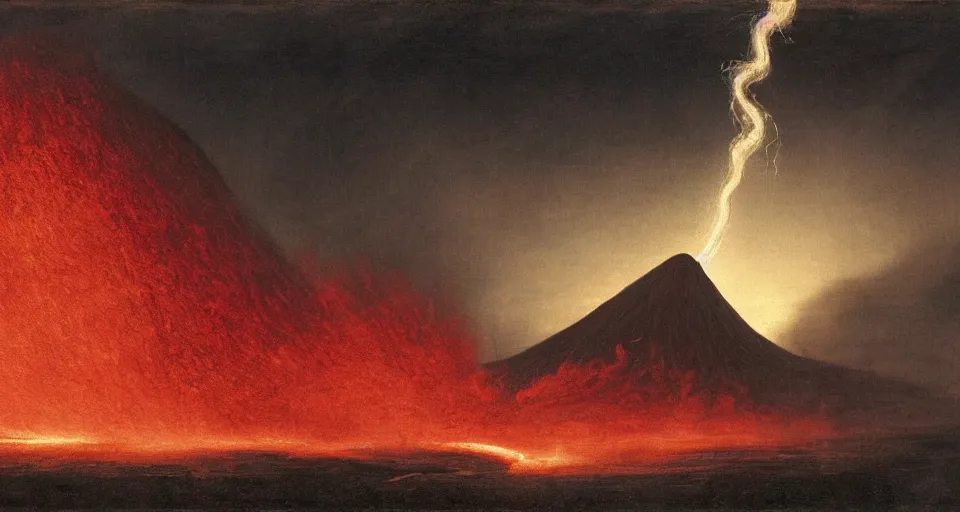 Prompt: a volcano made of ivory vines and crimson rocks enters in eruption, it spits a smoke in the shape of demonic eye, by John Martin