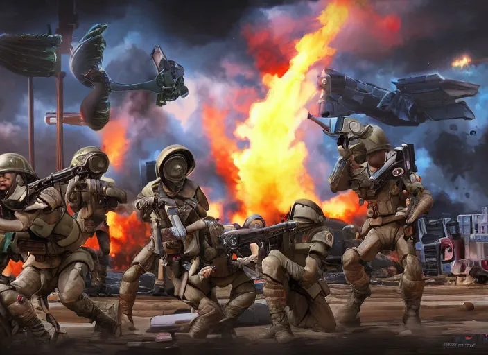 Image similar to digital painting of xcom squad taking fire from the toy story aliens in a world war 2 battlefield, sharp focus, intricate