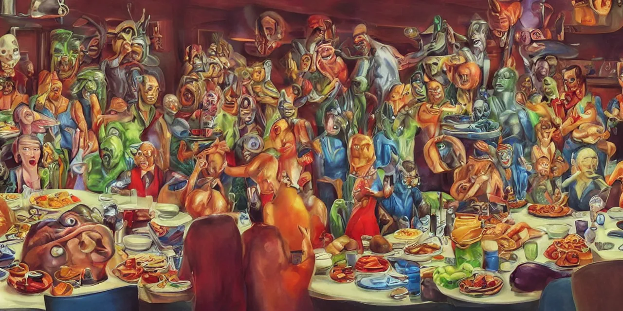 Image similar to big family style diner in the artistic slightly surreal with various gods and alien like beings all wearing costumes of famous people