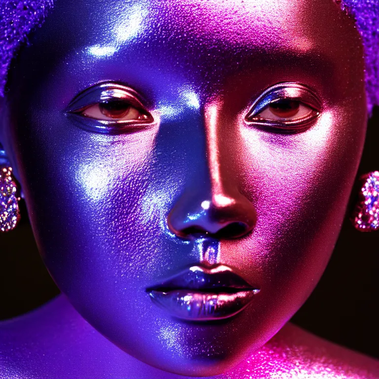 Image similar to portrait of iridescent metallic face, african woman, mercury, smooth reflections, proud looking away, outdoor, blue sky, 8 k, realistic, depth of field, highly detailed, award winning photography, by richard mosse