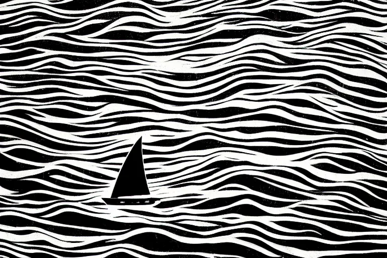 Prompt: a black and white photo of an ocean with a tiny ship in the waves, an album cover by hallsteinn sigurðsson, trending on behance, optical illusion, chillwave, concert poster, poster art