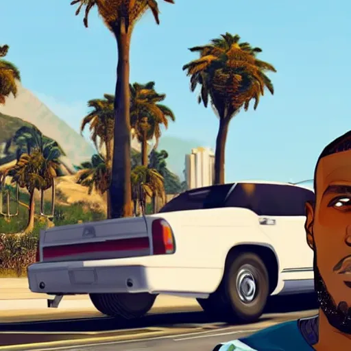 Image similar to Lebron James in GTA V . Los Santos in background, palm trees. in the art style of Stephen Bliss