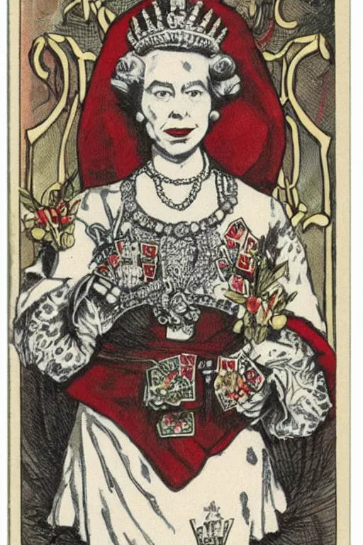 Image similar to queen elizabeth ii as quin of cards from alice in wonderlands