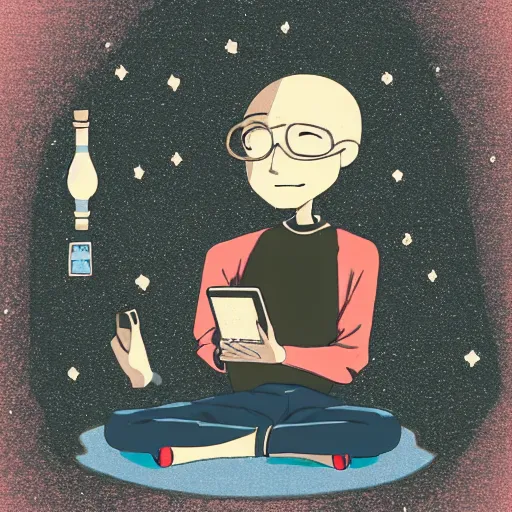 Image similar to a skinny computer nerd guy sitting on the floor of his room, crossed legs, laptop, smartphone, video games, tv, books, potions, jars, shelves, knick knacks, tranquil, star charts, calm, sparkles in the air, magic aesthetic, fantasy aesthetic, faded effect, by Studio Ghibli