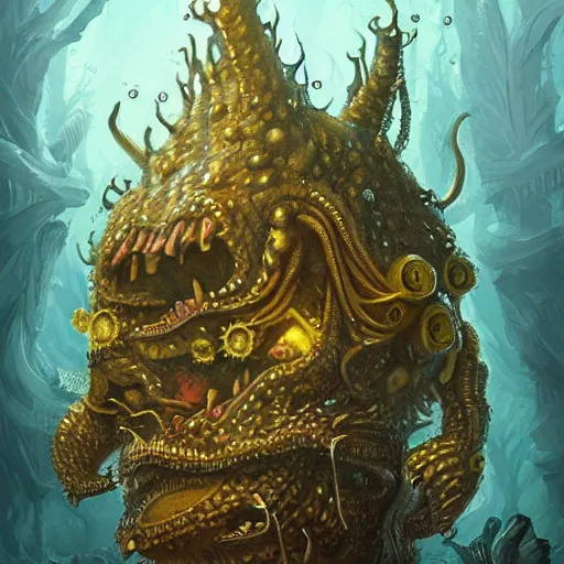 Image similar to portrait of Spongebob as a large Lovecraftian monster, fantasy, intricate, elegant, highly detailed, digital painting, artstation, concept art, smooth, sharp focus, illustration, art by artgerm and greg rutkowski