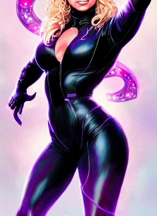 Image similar to britney spears as comics black cat, intricate, elegant, glowing lights, highly detailed, digital painting, artstation, glamor pose, concept art, smooth, sharp focus, illustration, art by artgerm and greg rutkowski, artey freytag