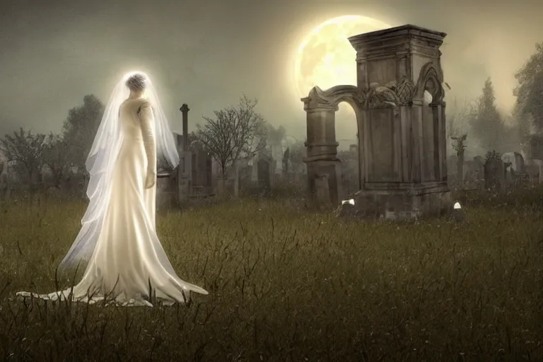 Prompt: an ultra detailed animation of a transparent ghost bride in a graveyard at midnight on halloween, digital art, dark fantasy, concept art, soulslike, by alphonse mucha, blood moon eclipse, ruined building in the background, artstation, 8 k, unreal engine render