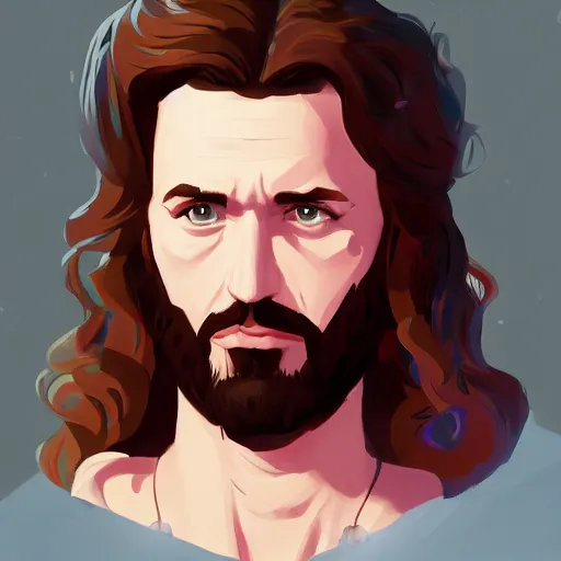 Prompt: portrait of jesus christ as a glam rockstar, mattepainting concept blizzard pixar maya engine on stylized background splash comics global illumination lighting artstation lois van baarle, ilya kuvshinov, rossdraws