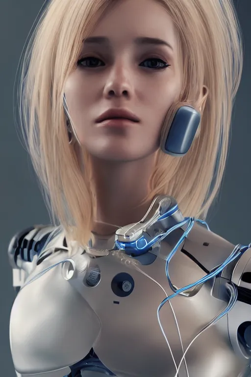 Image similar to a beautiful woman with blonde hair wearing robot suit with wires and light, highly detailed, photorealistic, artstation, smooth