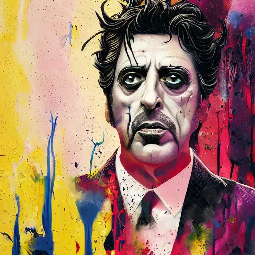 Prompt: al pacino as scarface painted by alex pardee and nekro and petros afshar, unstirred paint, vivid color, cgsociety 4 k