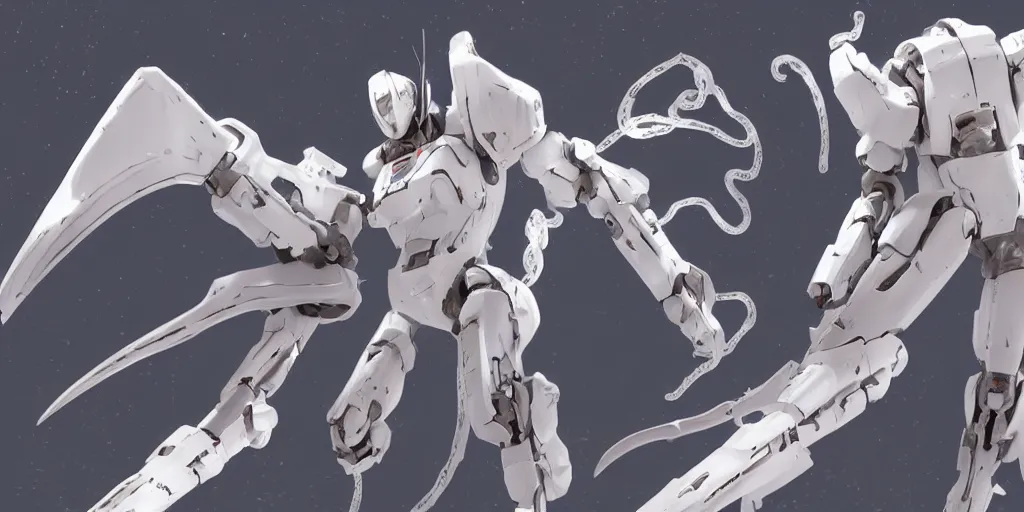 Image similar to white mecha armed with a long and thin lance in melee combat against a giant horrifying tentacles monster made of real flesh, stellar space, white metallic, japanese mecha, highly detailed, white robot, flashy red lights, tsutomu nihei style, rendered in blender, knights of sidonia manga