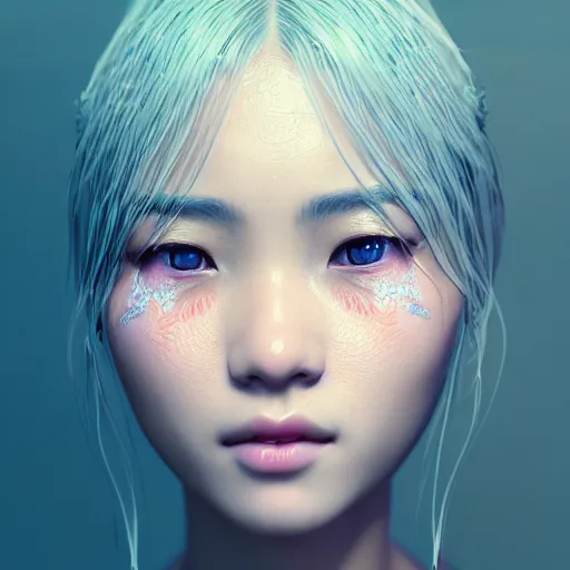 Image similar to intricate highly detailed face portrait of asian - european woman, light blue - pink gradient water vines on her face, intricate, cgsociety, unreal engine, octane render, sharp focus, smooth, volumetric lighting, cinematic composition, artstation