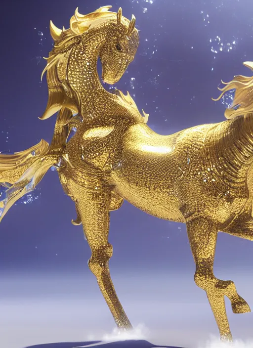 Image similar to kirin hybrid with white horse, golden metalic reflective skin, golden intricate diamonds reflective skin, under water, dynamic, light-gold shimmer, spotlight, ultrarealistic, Hyperdetailed, 3d octane render, science fiction, concept art