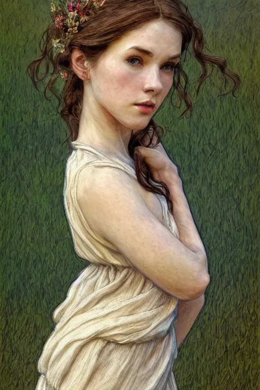 Image similar to beautiful natural coy cottagecore peasant maiden plain girl, life drawing, intricate, elegant, highly detailed, digital painting, artstation, concept art, smooth, sharp focus, master illustration, art monet and mucha