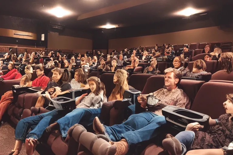 Prompt: full view of a movie theater full of cats sitting watching a movie