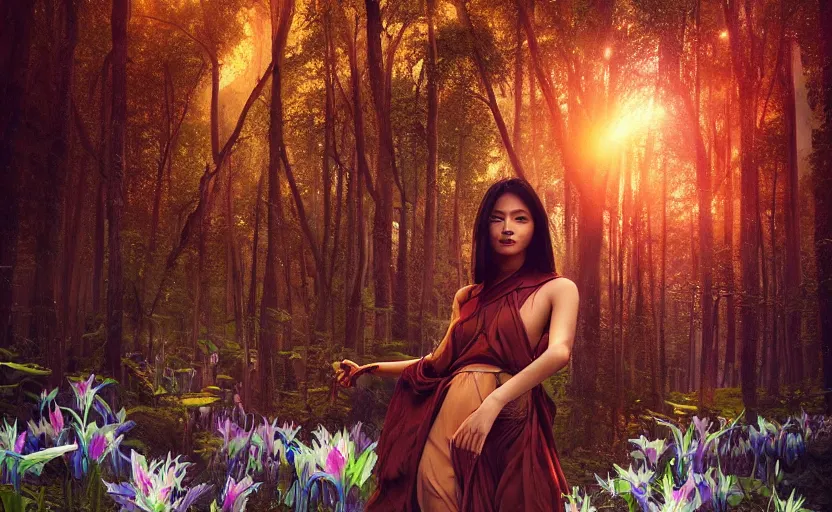 Image similar to beautiful Himalayan woman, sci-fi tibetan fashion, brown very very long hair, somber, scene of a summer forest with glowing blue lillies, dramatic light, wide angle, dramatic pose, dramatic angle , 8k hdr pixiv by Makoto Shinkai and Wojtek Fus