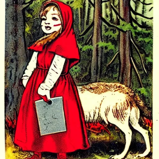 Prompt: little red riding hood smiling as she stands over a dead wolf with a bloody knife, vintage Halloween postcard