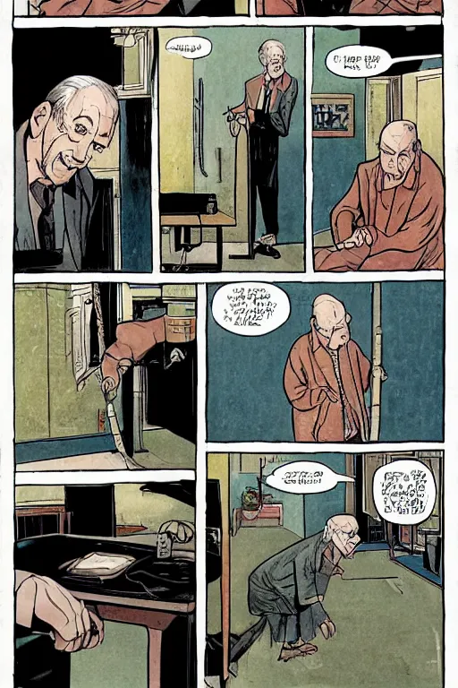 Image similar to An old man in his 80’s with a cane falls on the floor in a toilet, Diwani calligrapher using bamboo pen, cinematic lighting, rule of thirds, comic by Dave Gibbons