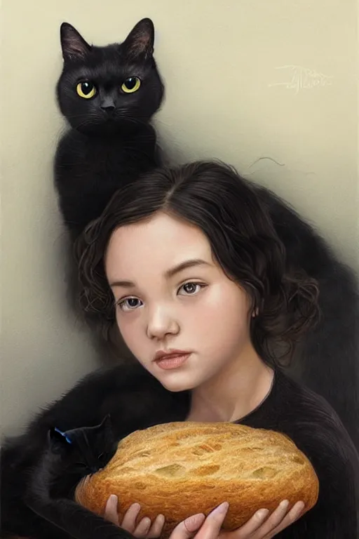 Prompt: beautiful cottagecore of a girl with short black curly hair, round face, cute face, holding a loaf of bread. There's also a black cat on her shoulder. intricate, elegant. highly detailed, digital painting, artstation, concept art, smooth, sharp, focus, illustration. Black cats. art by artgerm and greg rutkowski and alphonse mucha