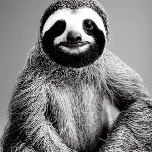 Prompt: black and white studio portrait photo of a cute sloth
