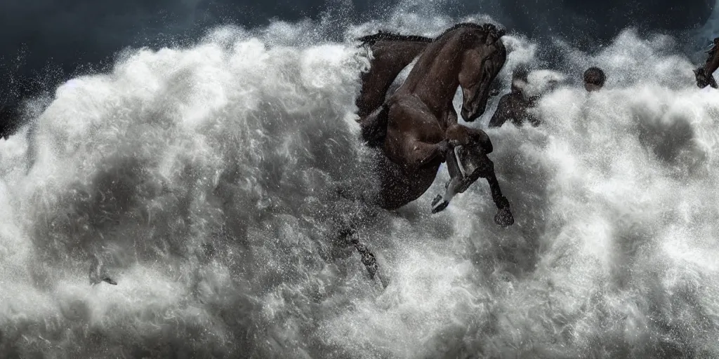 Image similar to extreme, wild water waves foam forms attacking horses, army of horsemen