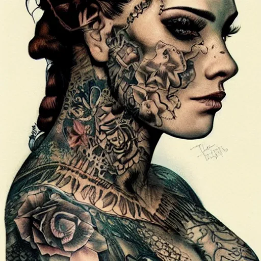 Image similar to a beautiful portrait of a heavily tattooed victorian woman Travis Charest style