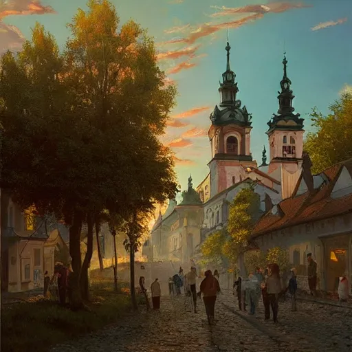 Image similar to a beautiful painting of banska stiavnica in summer with old houses and trees in sunset, sky, people walking on street, unreal engine, by greg rutkowski and james gurney, artstation