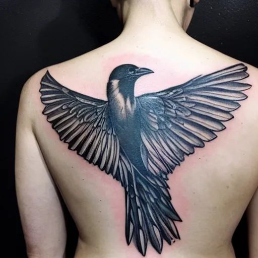 Image similar to back piece tattoo of a magpie flared out, high detail