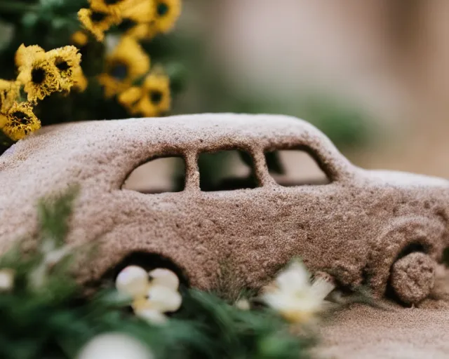 Prompt: 8 5 mm food photography of a car made of sand near a garden with dof and bokeh and flowers o