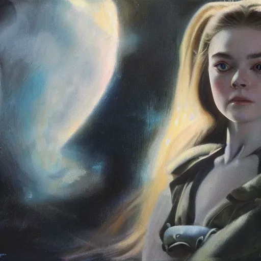 Image similar to ultra realistic portrait painting of elle fanning in a 1 9 7 0 s sci - fi, art by frank frazetta, 4 k, ultra realistic, highly detailed, epic lighting