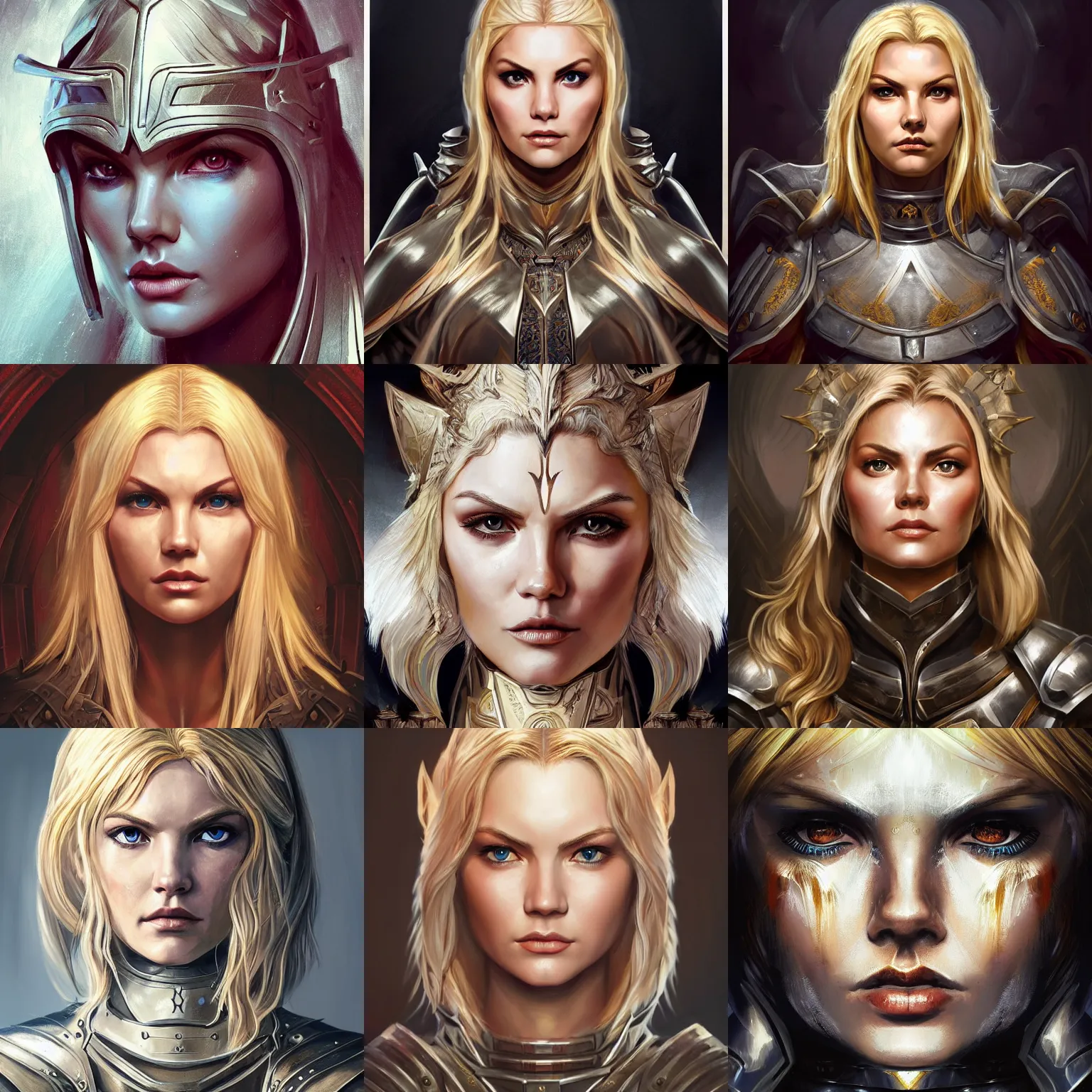 Prompt: head-on centered symmetrical painted portrait, Elisha Cuthbert as a holy paladin, blonde hair, steel armour, dramatic lighting, intricate, wild, highly detailed, digital painting, smooth, sharp focus, illustration, dramatic lighting, artstation, in the style of artgerm and Anna Podedworna
