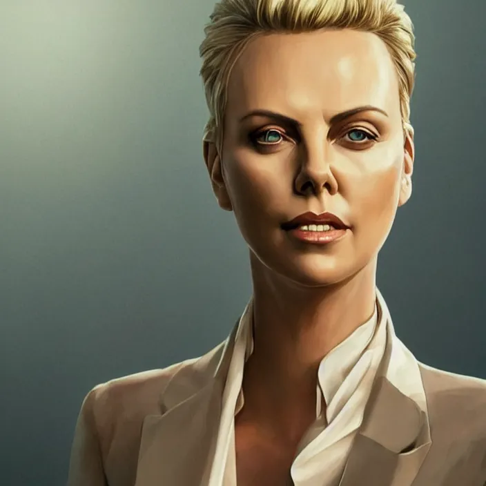 Image similar to portrait of charlize theron in a suit. intricate abstract. intricate artwork. by Tooth Wu, wlop, beeple, dan mumford. octane render, trending on artstation, greg rutkowski very coherent symmetrical artwork. cinematic, hyper realism, high detail, octane render, 8k, iridescent accents