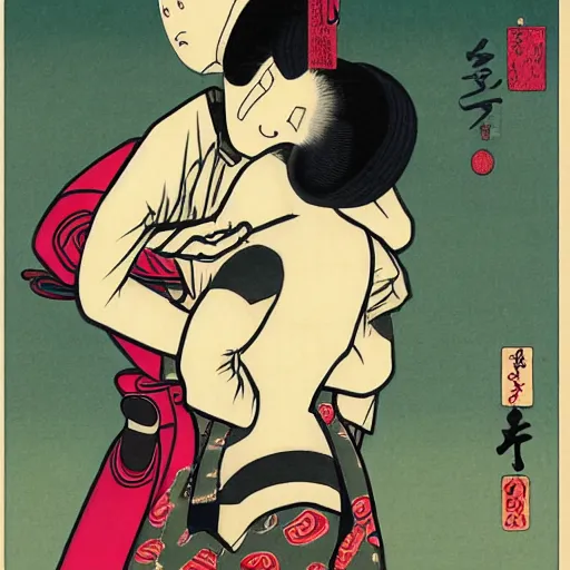 Prompt: a robot and a zombie hugging, shunga style, ukiyo - e art, artstation