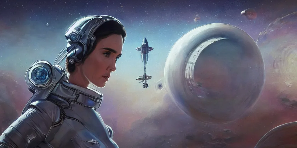 Image similar to Jennifer connelly as a stunning , beautiful retro SCI-FI space heroine 1985 , star ship taking off in the background on the left side , movie poster, intricate, elegant, highly detailed, centered, digital painting, trending on artstation, concept art, smooth, sharp focus, illustration, art by illustration, Unreal Engine 5, 8K, art by artgerm and greg rutkowski and alphonse mucha WLOP