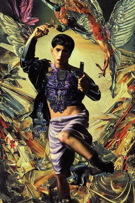 Image similar to full-body bladerunner style sculpture of a young handsome Latino prince as a half cibernetic android running low on battery, alert glowing, laser beam eyes, crown of giant diamonds, flowing neon-colored silk, fabric, raptors. baroque elements. full-length view. baroque element. intricate artwork by caravaggio. many many birds birds on background. Trending on artstation, octane render, cinematic lighting from the right, hyper realism, octane render, 8k, depth of field, 3D