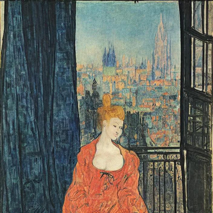 Image similar to portrait of woman in night gown with cat and crane with city with gothic cathedral seen from a window frame with curtains. max ernst, jan van eyck, bonnard, henri de toulouse - lautrec, utamaro, matisse, monet, audubon
