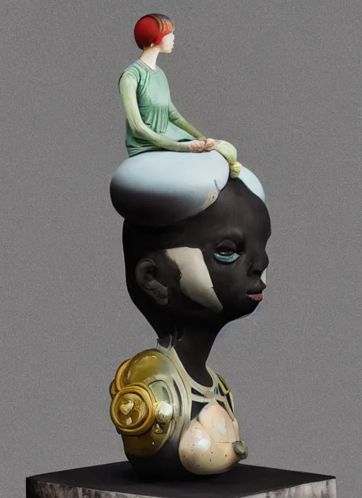 Prompt: a surreal contemporary ceramic sculpture of on a plinth, by victo ngai, by hikari shimoda, by tracie grimwood, in the style of nier automata, plain black background