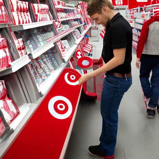 Prompt: Freddy Kreuger working at Target assisting customers, candid photography