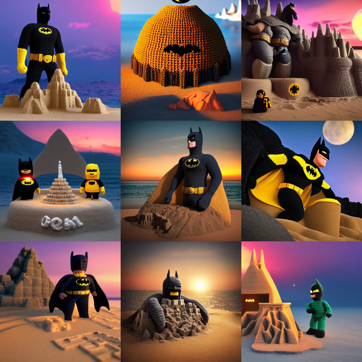 Image similar to a large knitted batman guarding his batcave sandcastle during sunset at the beach Trending on artstation, featured on Behance, well-rendered, Unreal Engine, 4K HD