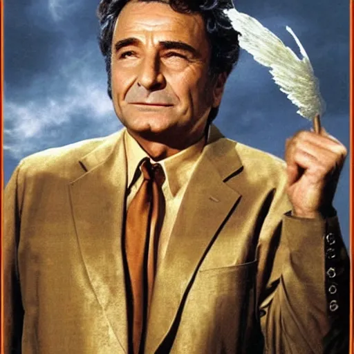 Prompt: heaven!!!!!!!!, gold gates of heaven!!!!!!!!, clouds on ground!!!!!, fog!!!, columbo as an angel at the gates of heaven, peter falk as columbo, symmetrical face!!!!, round symmetrical eyes!!!, color