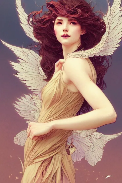 Image similar to portrait of woman with flowy hair, bird wings, confident pose, pixie, genshin impact, intricate, elegant, sharp focus, illustration, highly detailed, concept art, matte, trending on artstation, bright colors, art by wlop and artgerm and greg rutkowski, mucha, giger, marvel comics