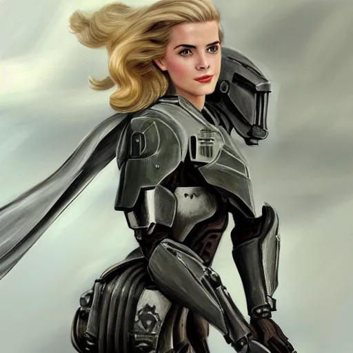 Image similar to A combination of Grace Kelly's and Emma Watson's and Ashley Greene's appearances with blonde hair wearing Master Chief's armor, full body portrait, D&D, fantasy, intricate, elegant, highly detailed, digital painting, artstation, concept art, matte, sharp focus, illustration, art by Donato Giancola and James Gurney