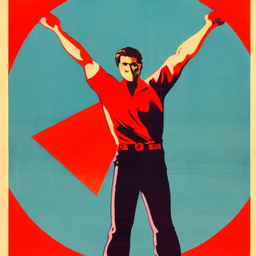 Prompt: Soviet communist propaganda poster of Tom Cruise with his closed fist up in the air, red background, hammer and sickle