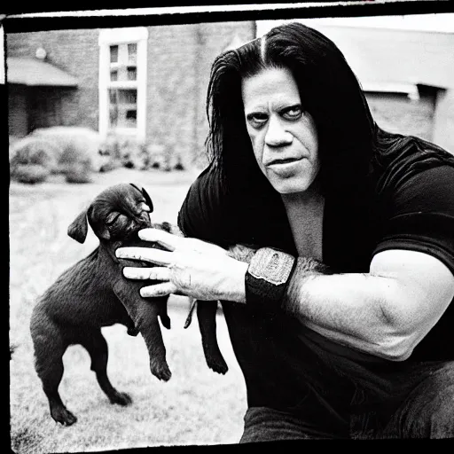 Image similar to glenn danzig stealing puppies from a backyard,