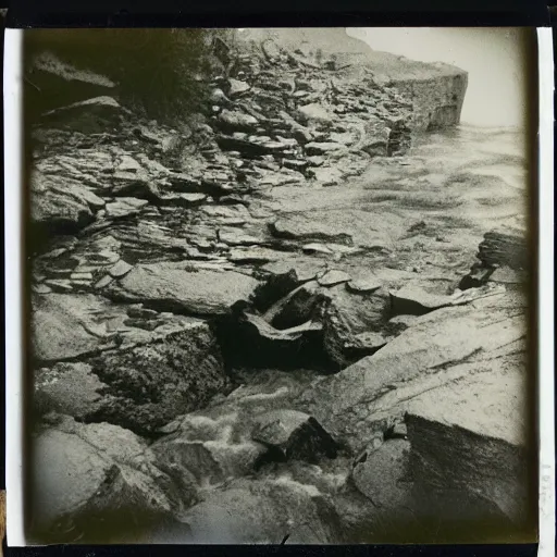 Image similar to looking over the edge of a deep dark shaft with rushing water, creepy, eerie, unsettling, terrifying, jagged rocks, dark, old polaroid, expired film,