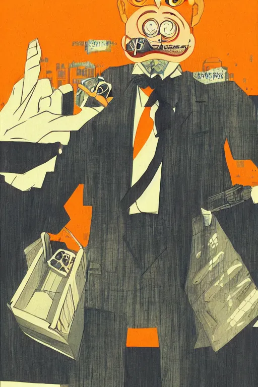 Image similar to tatsuki fujimoto illustration of an orange-headed businessman, creepy face, cyberpunk city