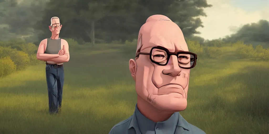 Image similar to hank hill from king of the hill, hyperrealistic, concept art, octane render, unreal engine 5, trending on Artstation, high quality, 8K, dramatic lighting, cinematic, high coherence, highly detailed, Midjourney style, epic scene, path traced, low contrast, complementary colors