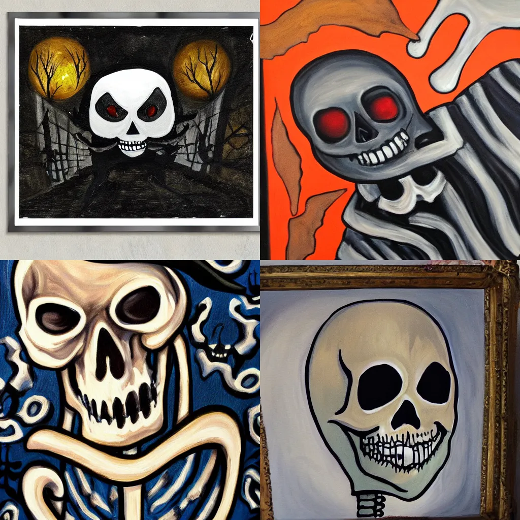 Prompt: A painting on the wall of spooky scary skeleton.