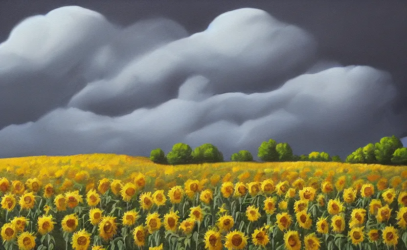 Prompt: A moody painting of an overcast day, clouds, rolling hills, sunflowers, tulips, tree stump, Wes Anderson